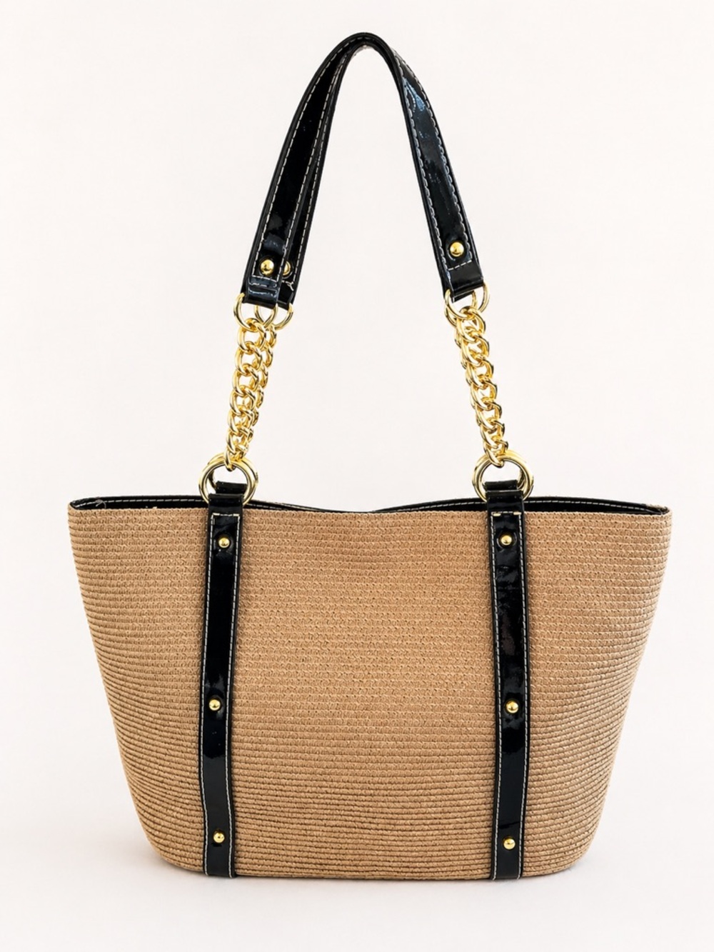 Straw Woven Tote Bag Gold Chain Black Patent Faux Leather Trim Purse